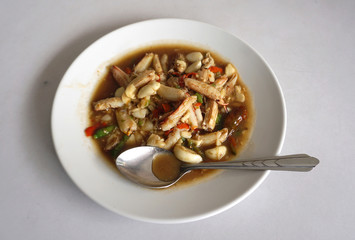 Stir fried crab meat with garlic and cayanne chili