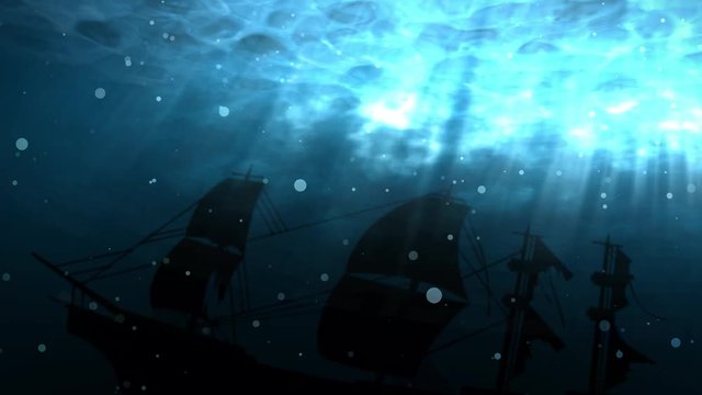 Seamless animation of deep blue ocean with shipwreck background. Ship sunk in undersea water as a silhouette background. With bubbles and light shinning through the sea water surface in 4k hd loop.