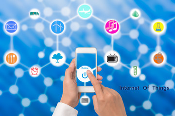 Hand holding smart phone with online power button Internet of th