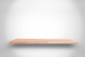 Wooden shelf on white gray gradient background  - can be used fo