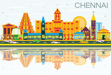 Naklejka premium Chennai Skyline with Color Landmarks, Blue Sky and Reflections.
