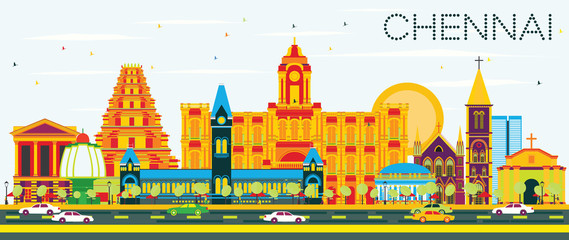 Chennai Skyline with Color Landmarks and Blue Sky.