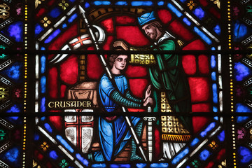 Blessing of crusader. Stained glass window. St. Bartholomew's Episcopal Church.