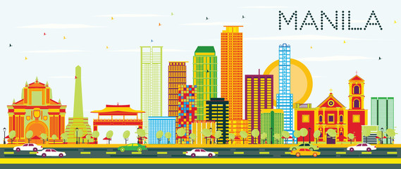 Manila Skyline with Color Buildings and Blue Sky. - obrazy, fototapety, plakaty