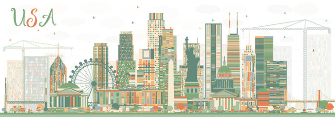 Fototapeta premium Abstract USA Skyline with Color Skyscrapers and Landmarks.
