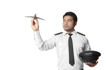 Pilot with model airplane isolated on white background with clip