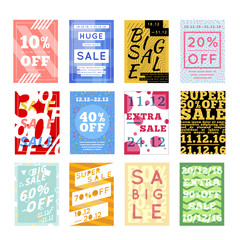 Large set of bright colorful sale flyers with different discount offers on white