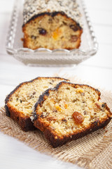 Fresh baked fruitcake on boards