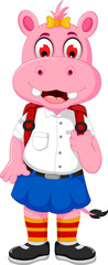 funny female hippo cartoon going to school