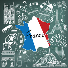Travel to France doodle drawing icon. Doodle with culture, costume, landmark and cuisine of France tourism concept in blackboard background, create by vector  
