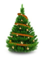 3d illustration of green Christmas tree over white background with orange tinsel and golden balls