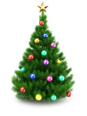 3d illustration of green Christmas tree over white background with star and colorful balls