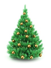 3d illustration of Christmas tree over white background with lights and golden balls