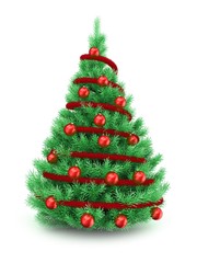 3d illustration of Christmas tree over white background with red tinsel and red balls