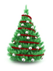 3d illustration of Christmas tree over white background with red tinsel and silver balls