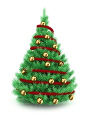 3d illustration of Christmas tree over white background with red tinsel and golden balls