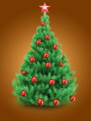 3d illustration of Christmas tree over orange background with red star and red balls