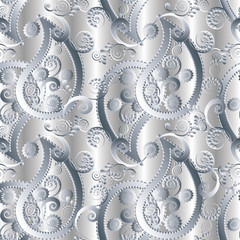 Light floral paisleys vector seamless pattern with 3d white decorative  vintage paisley flowers leaves and ornaments. Modern beige  background. Endless luxury fabric  texture. Paisley wallpaper.