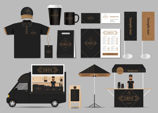  coffee shop and restaurant identity mock up template with card, coffee menu,polo shirt,packaging and vector for editable
