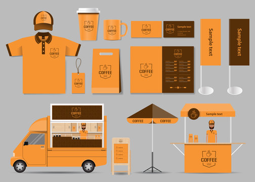  coffee shop and restaurant identity mock up template with card, coffee menu,polo shirt,packaging and vector for editable