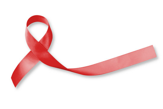 Red ribbon awareness isolated on white background with Clipping path: World aids day: Symbolic concept for raising awareness campaign support people with HIV disease