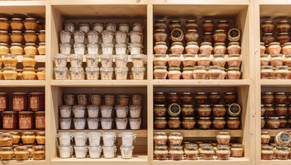 Canned products on the shelf in the store