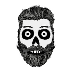 Sketch of human skull with a mustache and beard. Hipster style. 