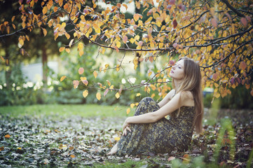 Beautiful blonde woman in long dress sitting on the grass underneath the branches of an autumn tree.