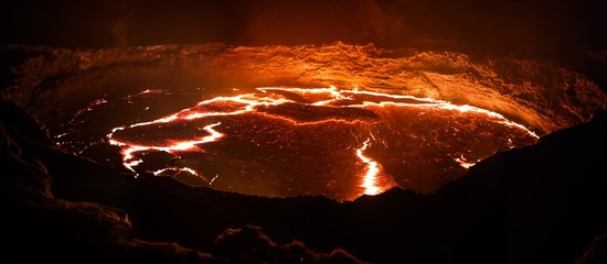 Panorama of Erta Ale volcano crater, melting lava, Danakil depression, Ethiopia - obrazy, fototapety, plakaty