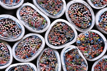 Colored electric cables closeup