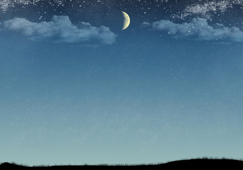 Obraz na płótnie Canvas Beautiful starry sky with moon on a blue background and grass
