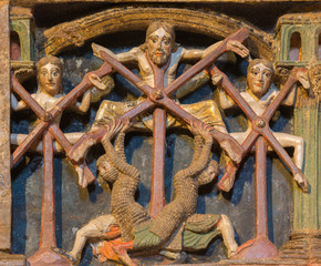 AVILA, SPAIN, APRIL - 19, 2016: Detail of reliefs (martyrium) on the romanesque polychrome funeral...