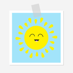 Sun shining icon. Cute cartoon character. Kawaii face smiling emotion. Greeting card. Adhesive transparency tape Hello summer. White background. Baby collection. Flat design