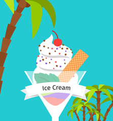 Ice cream poster with palm trees. Vector illustration