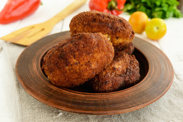 Meat mini-rolls (cutlet) with boiled egg. Close up