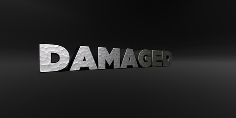 DAMAGED - hammered metal finish text on black studio - 3D rendered royalty free stock photo. This image can be used for an online website banner ad or a print postcard.