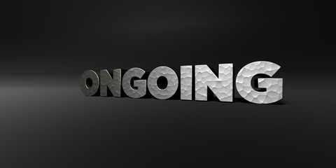 ONGOING - hammered metal finish text on black studio - 3D rendered royalty free stock photo. This image can be used for an online website banner ad or a print postcard.