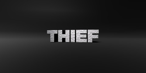 THIEF - hammered metal finish text on black studio - 3D rendered royalty free stock photo. This image can be used for an online website banner ad or a print postcard.