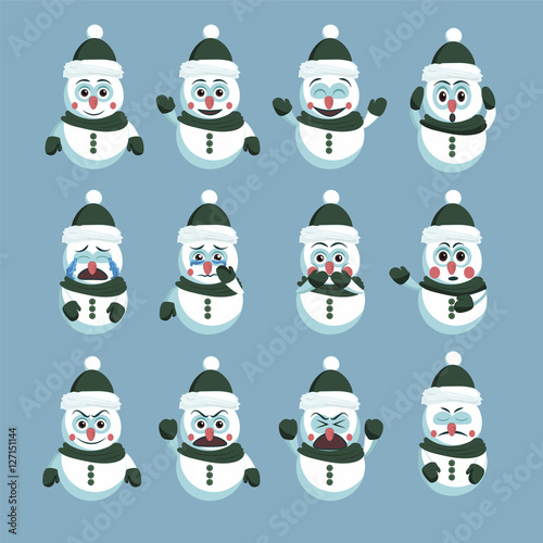"Snowman sticker emoticon set, vector eps10 cartoon style collection