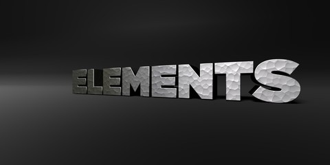 ELEMENTS - hammered metal finish text on black studio - 3D rendered royalty free stock photo. This image can be used for an online website banner ad or a print postcard.