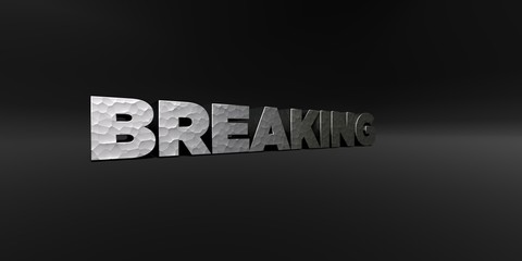 BREAKING - hammered metal finish text on black studio - 3D rendered royalty free stock photo. This image can be used for an online website banner ad or a print postcard.