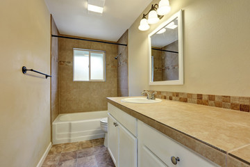 Fototapeta na wymiar Interior design of beige bathroom with tile wall trim.
