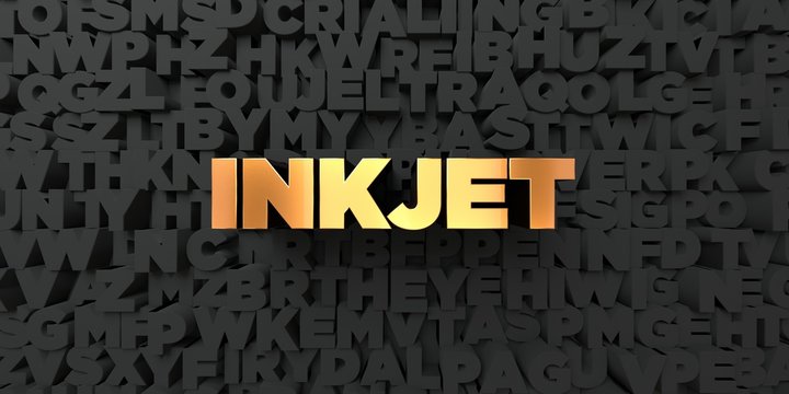 Inkjet - Gold text on black background - 3D rendered royalty free stock picture. This image can be used for an online website banner ad or a print postcard.