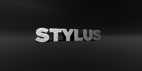 Obraz premium STYLUS - hammered metal finish text on black studio - 3D rendered royalty free stock photo. This image can be used for an online website banner ad or a print postcard.