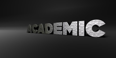 ACADEMIC - hammered metal finish text on black studio - 3D rendered royalty free stock photo. This image can be used for an online website banner ad or a print postcard.