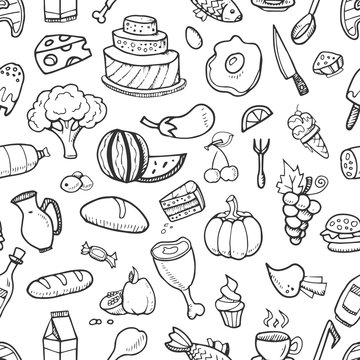 Doodle food ingredients, drinks and vegetables seamless pattern for menu design