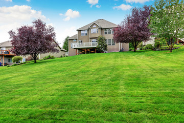 Fototapeta na wymiar Perfectly kept lawn in spacious back yard. House exterior.
