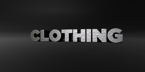 CLOTHING - hammered metal finish text on black studio - 3D rendered royalty free stock photo. This image can be used for an online website banner ad or a print postcard.