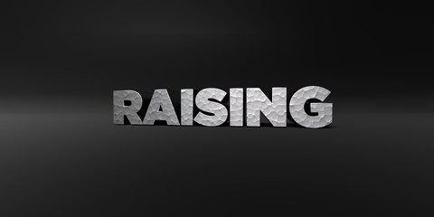 RAISING - hammered metal finish text on black studio - 3D rendered royalty free stock photo. This image can be used for an online website banner ad or a print postcard.