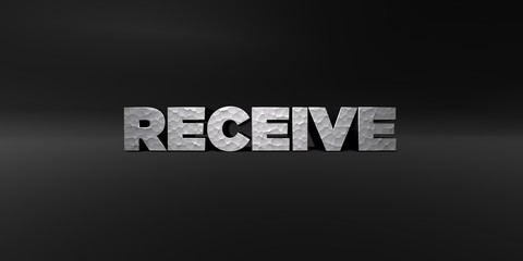 RECEIVE - hammered metal finish text on black studio - 3D rendered royalty free stock photo. This image can be used for an online website banner ad or a print postcard.